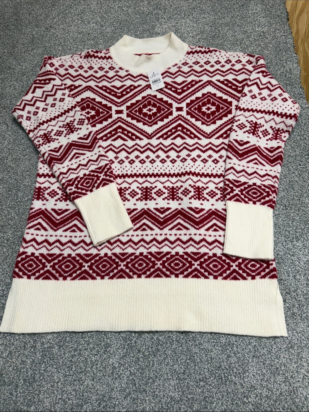 LOFT Red and Cream Fair Isle Crewneck Sweater